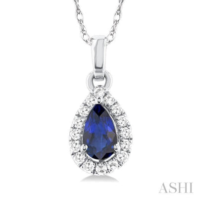 1/20 ctw Round Cut Diamond and 5X3MM Pear Shape Sapphire Halo Precious Pendant with Chain in 14K White Gold