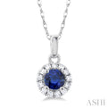 1/20 ctw Round Cut Diamond and 3.25MM Round Cut Sapphire Halo Precious Pendant with Chain in 14K White Gold