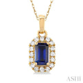 1/20 ctw Round Cut Diamond and 5X3MM Octagonal Shape Sapphire Halo Precious Pendant with Chain in 14K Yellow Gold