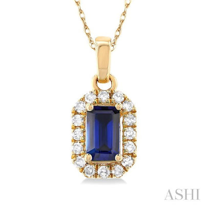 1/20 ctw Round Cut Diamond and 5X3MM Octagonal Shape Sapphire Halo Precious Pendant with Chain in 14K Yellow Gold
