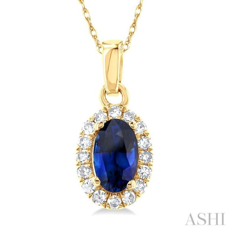 1/20 ctw Round Cut Diamond and 5X3MM Oval Shape Sapphire Halo Precious Pendant with Chain in 14K Yellow Gold