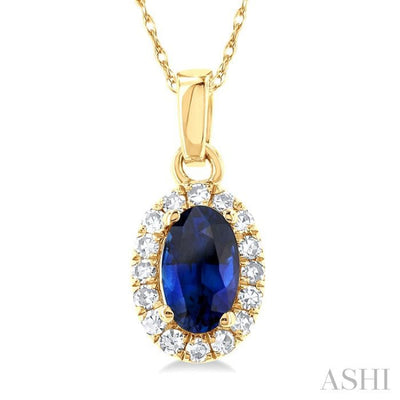 1/20 ctw Round Cut Diamond and 5X3MM Oval Shape Sapphire Halo Precious Pendant with Chain in 14K Yellow Gold