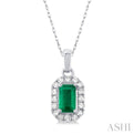 1/20 ctw Round Cut Diamond and 5X3MM Octagonal Shape Emerald Halo Precious Pendant with Chain in 10K White Gold