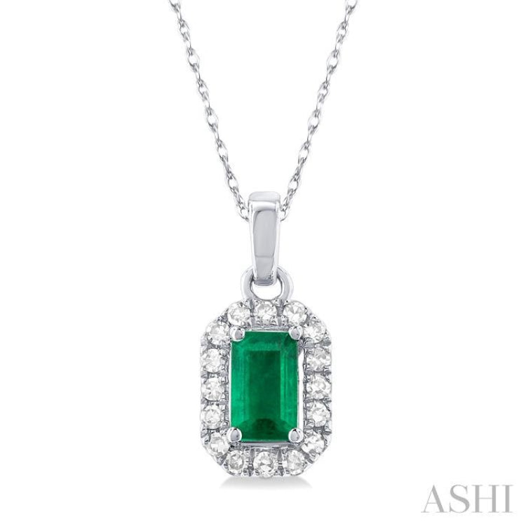 1/20 ctw Round Cut Diamond and 5X3MM Octagonal Shape Emerald Halo Precious Pendant with Chain in 10K White Gold