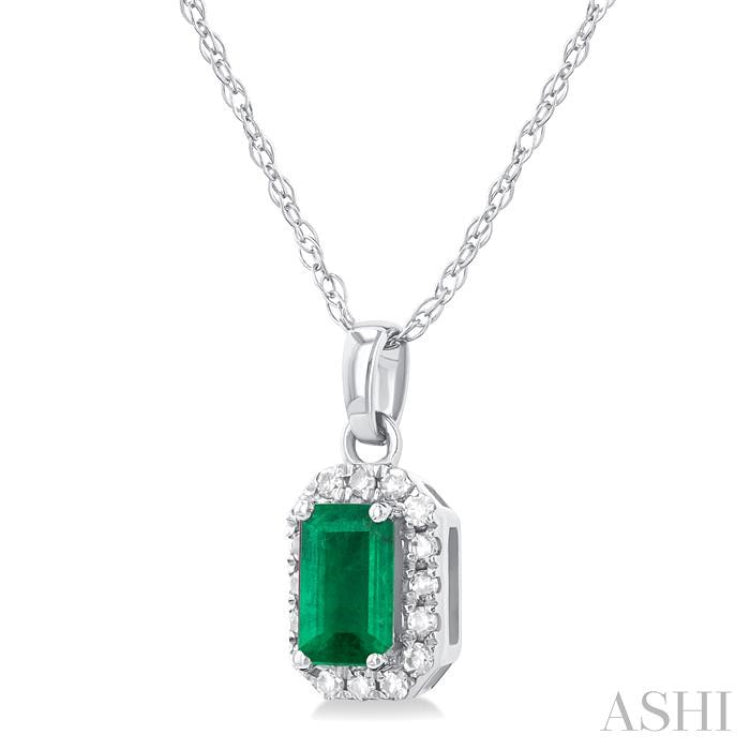 1/20 ctw Round Cut Diamond and 5X3MM Octagonal Shape Emerald Halo Precious Pendant with Chain in 10K White Gold