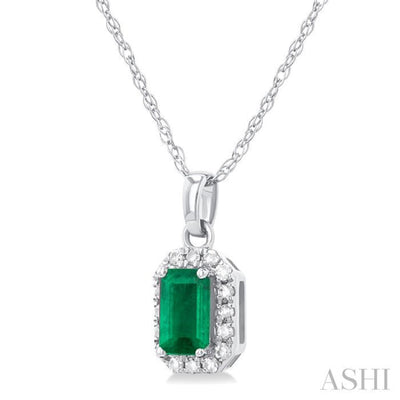 1/20 ctw Round Cut Diamond and 5X3MM Octagonal Shape Emerald Halo Precious Pendant with Chain in 10K White Gold