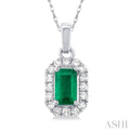 1/20 ctw Round Cut Diamond and 5X3MM Octagonal Shape Emerald Halo Precious Pendant with Chain in 10K White Gold