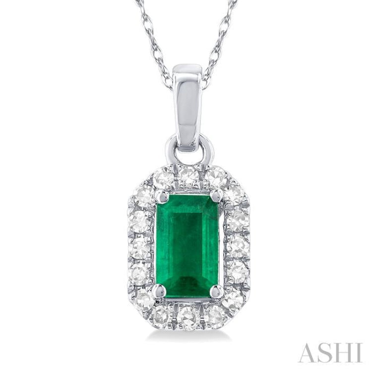 1/20 ctw Round Cut Diamond and 5X3MM Octagonal Shape Emerald Halo Precious Pendant with Chain in 10K White Gold