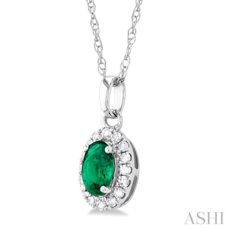 1/20 ctw Round Cut Diamond and 5X3MM Oval Shape Emerald Halo Precious Pendant with Chain in 10K White Gold