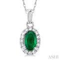 1/20 ctw Round Cut Diamond and 5X3MM Oval Shape Emerald Halo Precious Pendant with Chain in 10K White Gold