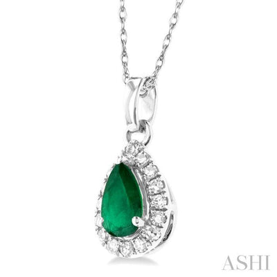 1/20 ctw Round Cut Diamond and 5X3MM Pear Shape Emerald Halo Precious Pendant with Chain in 10K White Gold