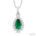 1/20 ctw Round Cut Diamond and 5X3MM Pear Shape Emerald Halo Precious Pendant with Chain in 10K White Gold