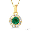 1/20 ctw Round Cut Diamond and 3.25MM Round Cut Emerald Halo Precious Pendant with Chain in 10K Yellow Gold