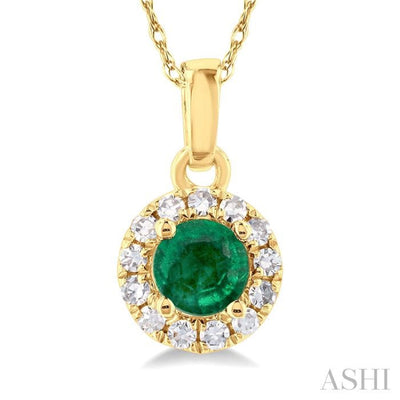 1/20 ctw Round Cut Diamond and 3.25MM Round Cut Emerald Halo Precious Pendant with Chain in 10K Yellow Gold