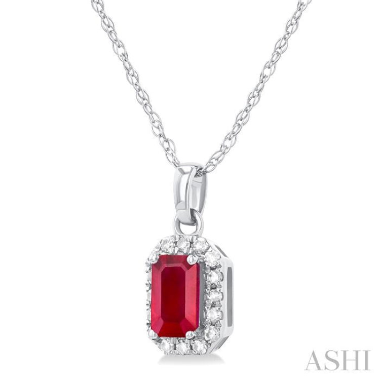 1/20 ctw Round Cut Diamond and 5X3MM Octagonal Shape Ruby Halo Precious Pendant with Chain in 10K White Gold