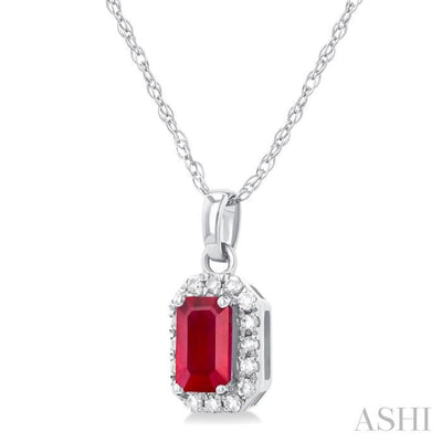 1/20 ctw Round Cut Diamond and 5X3MM Octagonal Shape Ruby Halo Precious Pendant with Chain in 10K White Gold