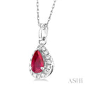 1/20 ctw Round Cut Diamond and 5X3MM Pear Shape Ruby Halo Precious Pendant with Chain in 10K White Gold