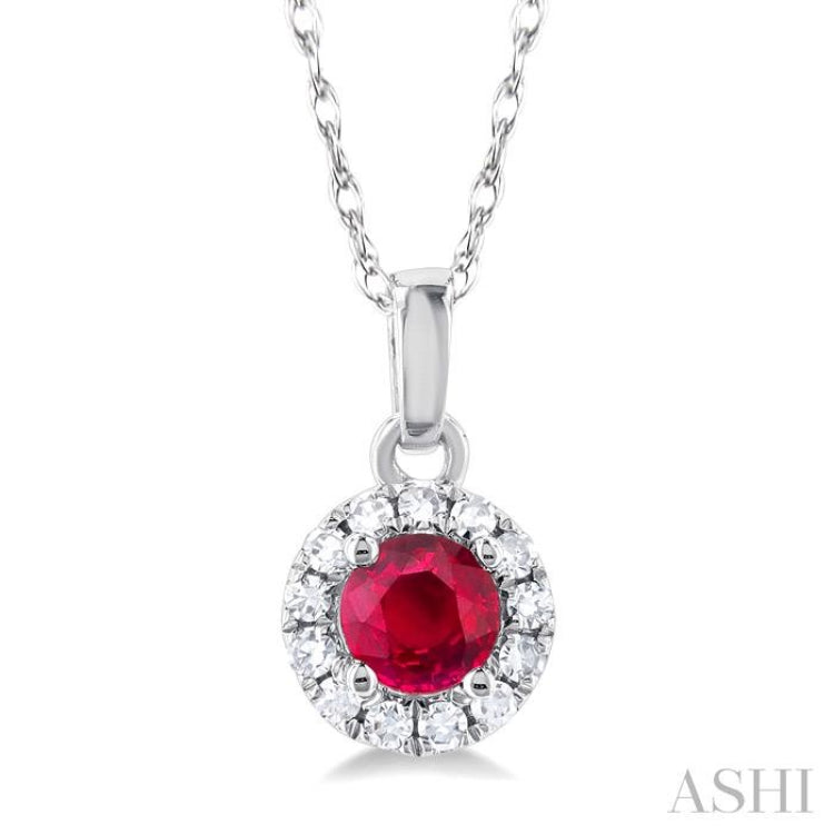 1/20 ctw Round Cut Diamond and 3.25MM Round Cut Ruby Halo Precious Pendant with Chain in 10K White Gold