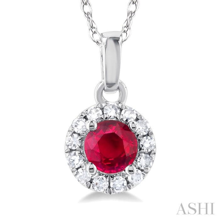 1/20 ctw Round Cut Diamond and 3.25MM Round Cut Ruby Halo Precious Pendant with Chain in 10K White Gold