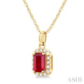 1/20 ctw Round Cut Diamond and 5X3MM Octagonal Shape Ruby Halo Precious Pendant with Chain in 10K Yellow Gold