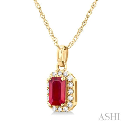 1/20 ctw Round Cut Diamond and 5X3MM Octagonal Shape Ruby Halo Precious Pendant with Chain in 10K Yellow Gold