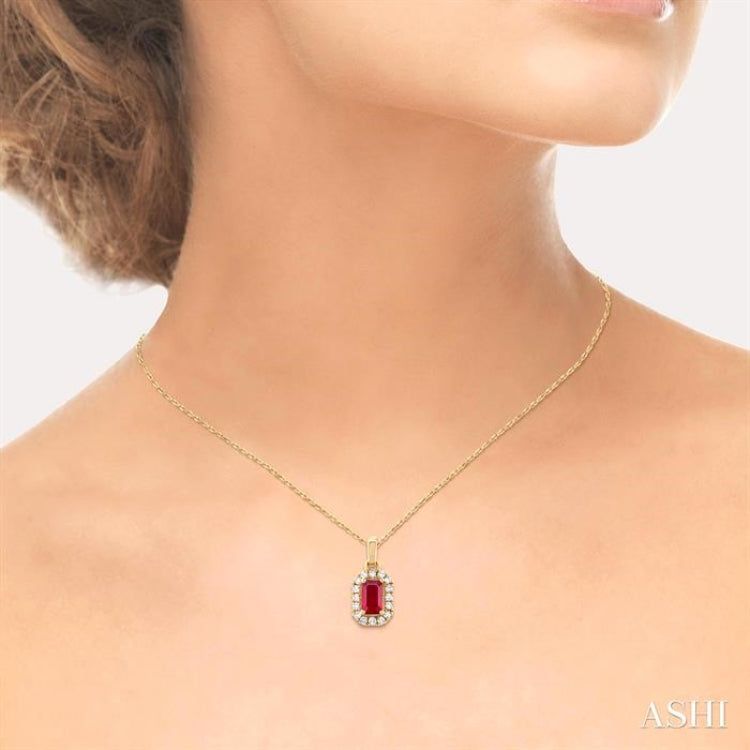 1/20 ctw Round Cut Diamond and 5X3MM Octagonal Shape Ruby Halo Precious Pendant with Chain in 10K Yellow Gold