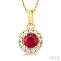 1/20 ctw Round Cut Diamond and 3.25MM Round Cut Ruby Halo Precious Pendant with Chain in 10K Yellow Gold