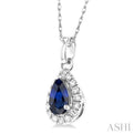 1/20 ctw Round Cut Diamond and 5X3MM Pear Shape Sapphire Halo Precious Pendant with Chain in 10K White Gold