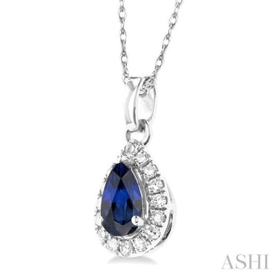 1/20 ctw Round Cut Diamond and 5X3MM Pear Shape Sapphire Halo Precious Pendant with Chain in 10K White Gold