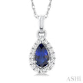 1/20 ctw Round Cut Diamond and 5X3MM Pear Shape Sapphire Halo Precious Pendant with Chain in 10K White Gold