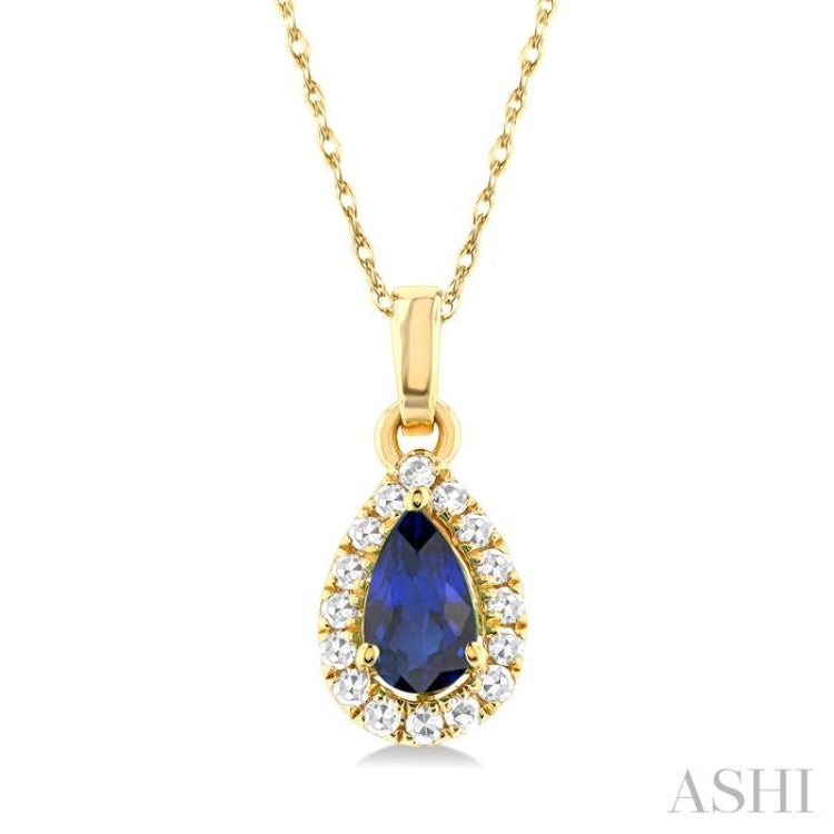 1/20 ctw Round Cut Diamond and 5X3MM Pear Shape Sapphire Halo Precious Pendant with Chain in 10K Yellow Gold