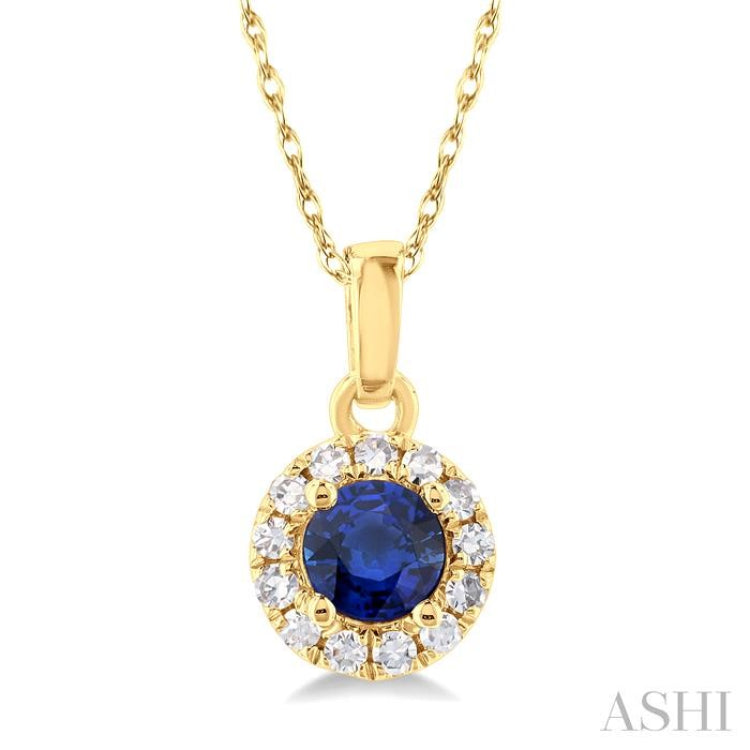 1/20 ctw Round Cut Diamond and 3.25MM Round Cut Sapphire Halo Precious Pendant with Chain in 10K Yellow Gold