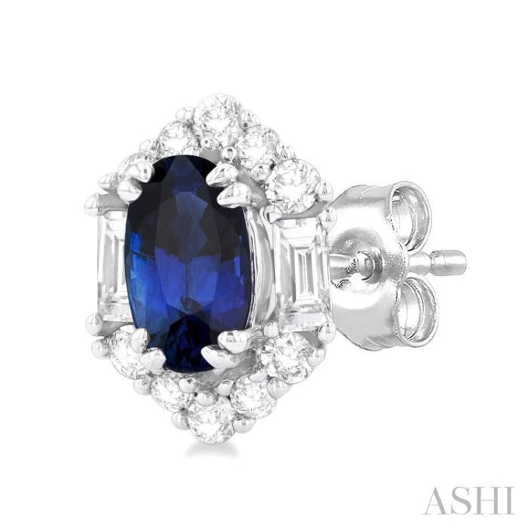 1/3 ctw Hexagon Shape 5X3MM Oval Cut Sapphire, Baguette and Round Cut Diamond Halo Precious Stud Earring in 10K White Gold