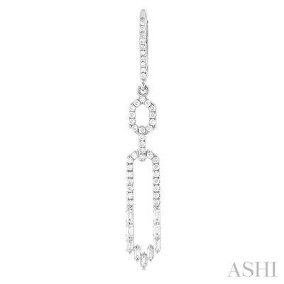 1 1/5 ctw Paper Clip Baguette and Single Cut Diamond Long Fashion Earrings in 14K White Gold