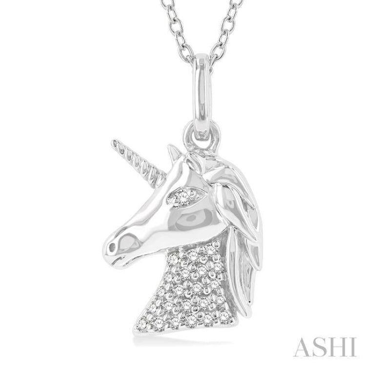 1/10 ctw Petite Unicorn Round Cut Diamond Fashion Pendant With Chain in 10K White Gold