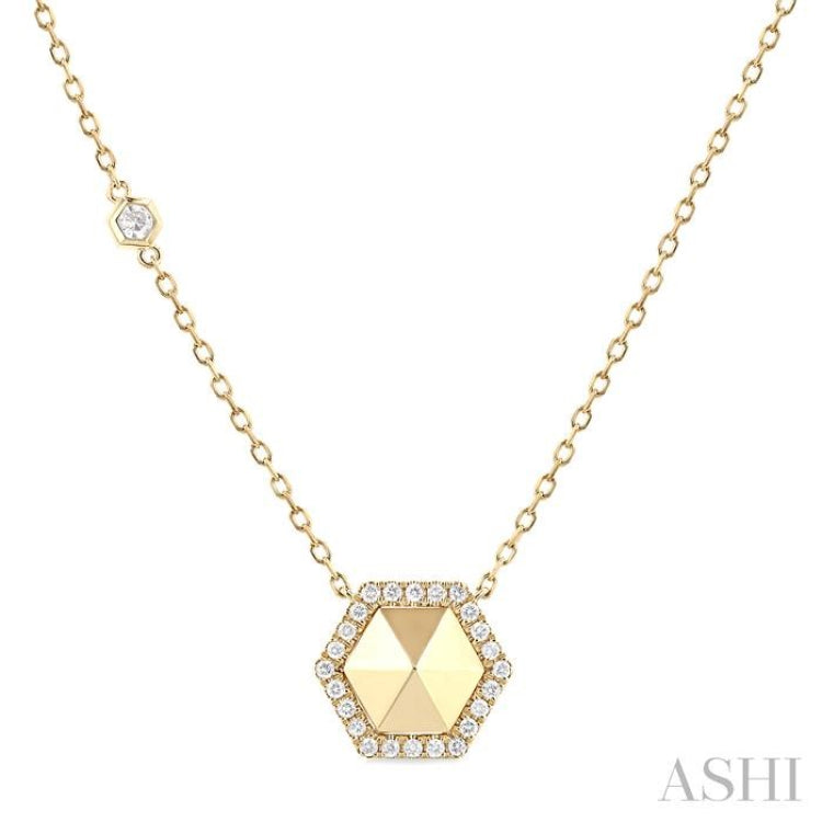 1/4 ctw Petite Hexagon Single Cut Diamond Halo Fashion Necklace in 14K Yellow Gold
