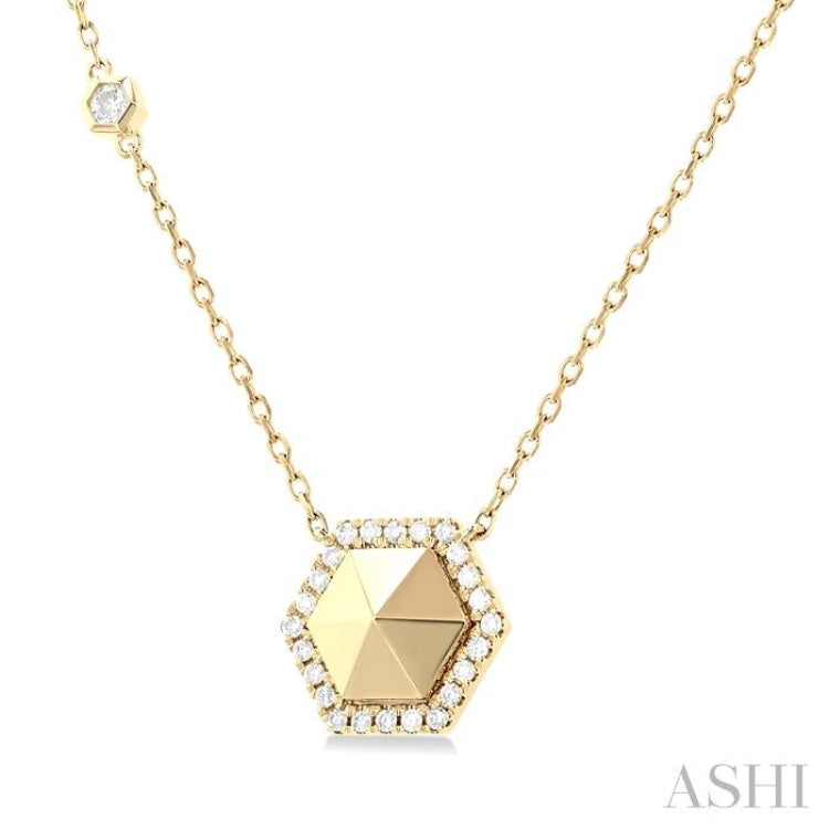 1/4 ctw Petite Hexagon Single Cut Diamond Halo Fashion Necklace in 14K Yellow Gold