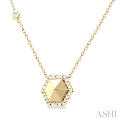1/4 ctw Petite Hexagon Single Cut Diamond Halo Fashion Necklace in 14K Yellow Gold