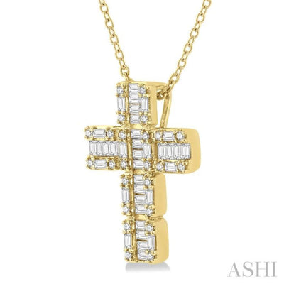 1/2 ctw Fusion Baguette and Round Cut Diamond Cross Fashion Pendant With Chain in 14K Yellow Gold