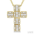 1/2 ctw Fusion Baguette and Round Cut Diamond Cross Fashion Pendant With Chain in 14K Yellow Gold