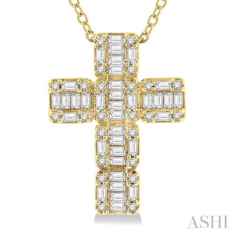 1/2 ctw Fusion Baguette and Round Cut Diamond Cross Fashion Pendant With Chain in 14K Yellow Gold