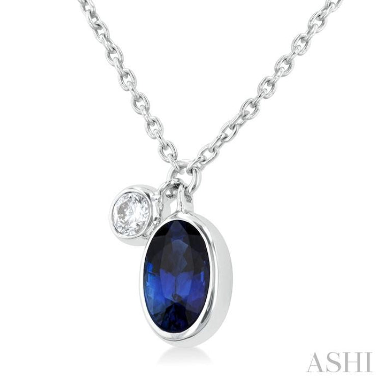 1/20 ctw Oval Cut 6X4MM sapphire and Bezel Set Round Cut Diamond Precious Necklace in 14K White Gold