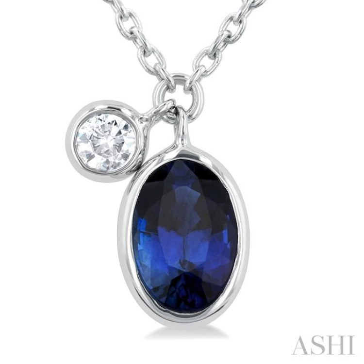 1/20 ctw Oval Cut 6X4MM sapphire and Bezel Set Round Cut Diamond Precious Necklace in 14K White Gold