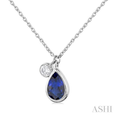 1/20 ctw Pear Cut 6X4MM sapphire and Bezel Set Round Cut Diamond Precious Necklace in 14K White Gold