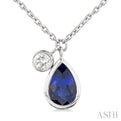 1/20 ctw Pear Cut 6X4MM sapphire and Bezel Set Round Cut Diamond Precious Necklace in 14K White Gold
