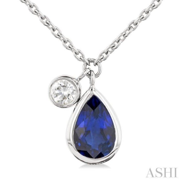1/20 ctw Pear Cut 6X4MM sapphire and Bezel Set Round Cut Diamond Precious Necklace in 14K White Gold