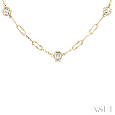 1 ctw Bezel Set Round Cut Diamond Paper Clip Station Necklace in 14K Yellow Gold