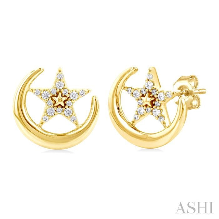 1/8 ctw Petite Crescent Moon and Star Round Cut Diamond Fashion Stud Earring in 10K Yellow Gold