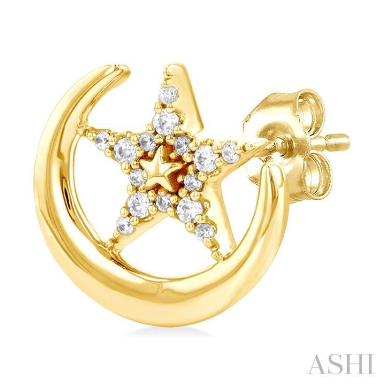 1/8 ctw Petite Crescent Moon and Star Round Cut Diamond Fashion Stud Earring in 10K Yellow Gold