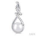 1/6 ctw Swirl Top 6X6 MM Cultured Pearl and Round Cut Diamond Fashion Earring in 10K White Gold